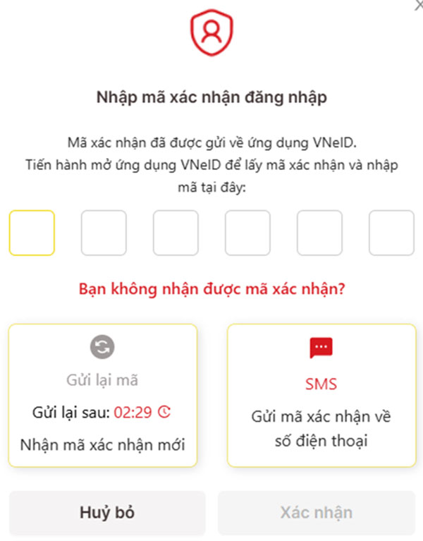 Nhập mã xác nhận đăng nhập VNeID được gửi về ứng dụng VNeID