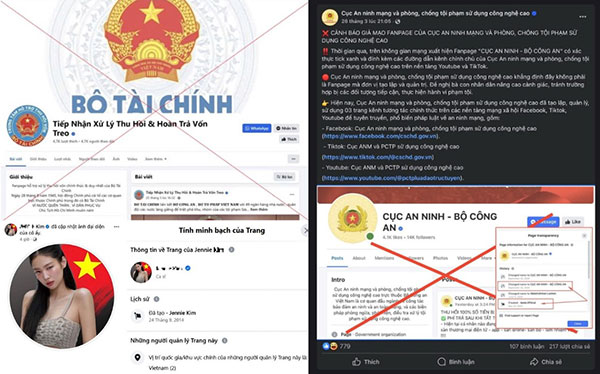 Những trang facebook có tick xanh nhưng là giả mạo, lập ra để lừa đảo. Ảnh: Công an tỉnh Nghệ An