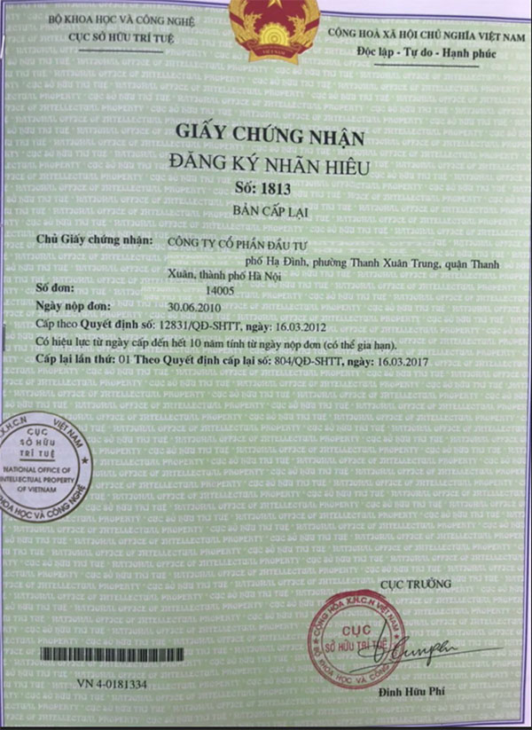 Ví dụ về Giấy chứng nhận đăng ký nhãn hiệu