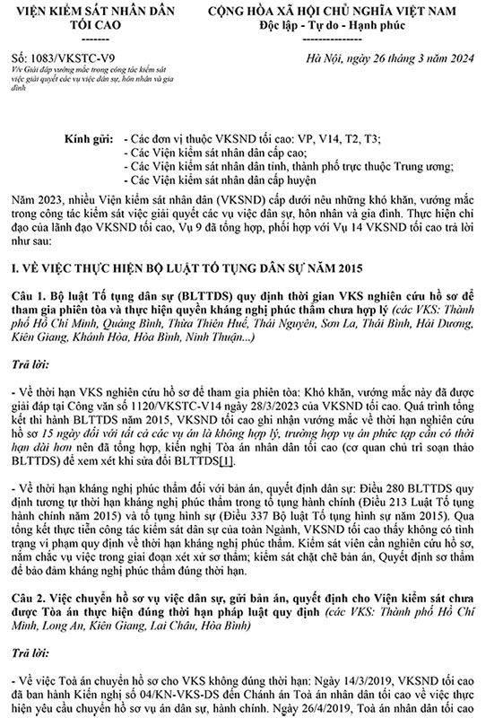 Công văn 1083/VKSTC-V9 VKSNDTC giải đáp vướng mắc khi kiểm sát vụ việc dân sự, hôn nhân và gia đình