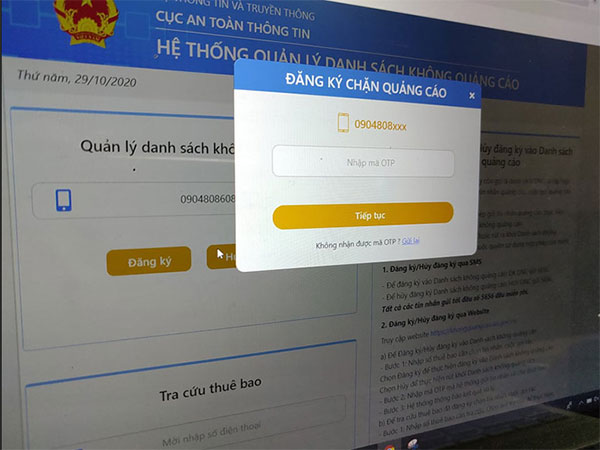 Người dân có thể đăng ký số điện thoại vào Danh sách không quảng cáo