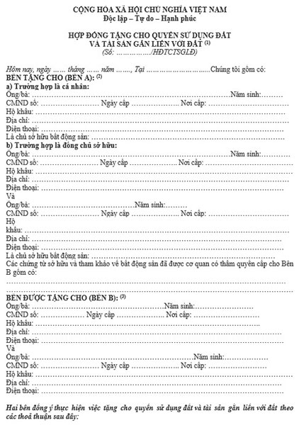 Mẫu hợp đồng tặng cho bất động sản