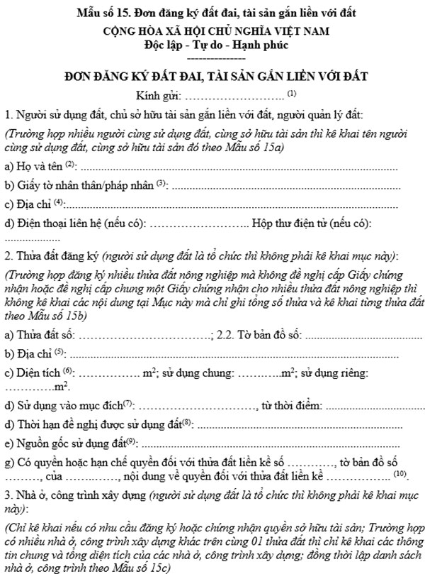 Tải Mẫu số 15 - Đơn đăng ký đất đai, tài sản gắn liền với đất tại đây
