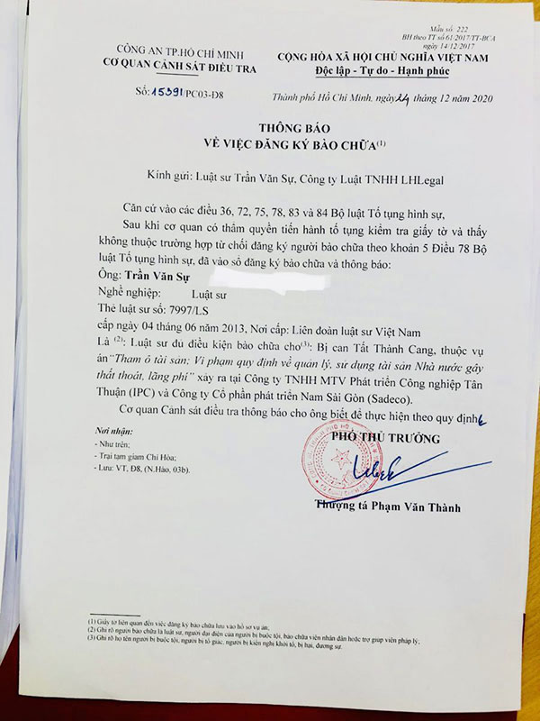  LHLegal làm luật sư bào chữa cho ông Tất Thành Cang - Nguyên P.Bí thư trường trực tại TP.HCM