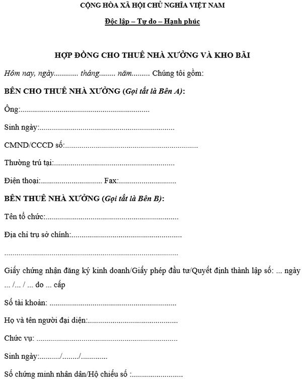 Hợp đồng thuê nhà xưởng và kho bãi
