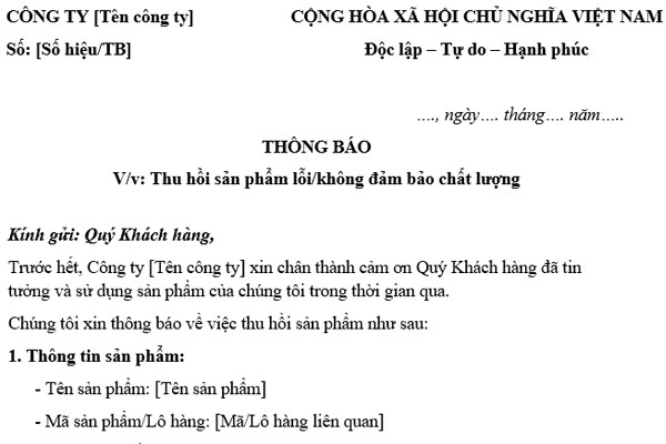 Mẫu Thông báo thu hồi sản phẩm lỗi, hàng không đảm bảo chất lượng gửi khách hàng
