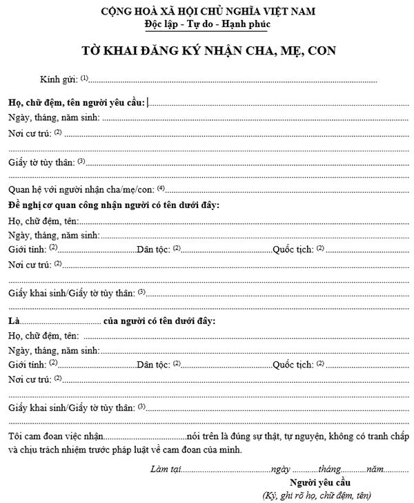 Tờ khai đăng ký nhận cha, mẹ, con
