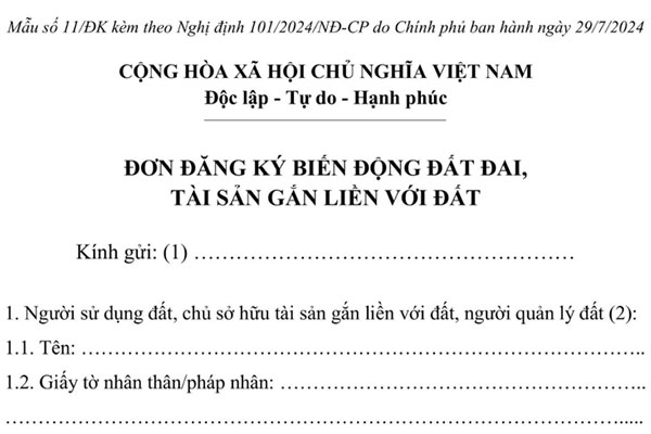 Đơn đăng ký biến động đất đai, tài sản gắn liền với đất theo Mẫu số 11/ĐK