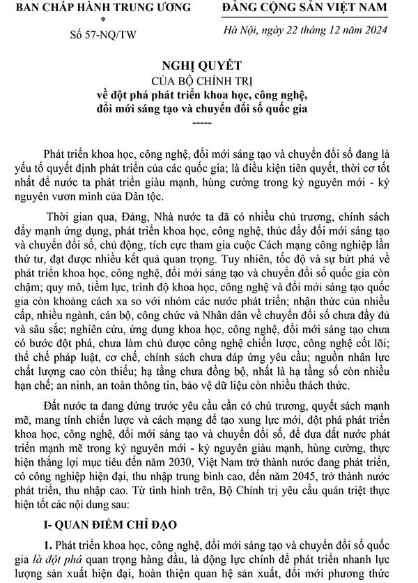 Nghị quyết 57-NQ/TW về đột phá phát triển khoa học, công nghệ, đổi mới sáng tạo và chuyển đổi số quốc gia