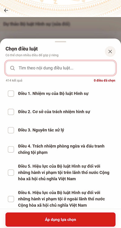 Chọn điều luật muốn góp ý