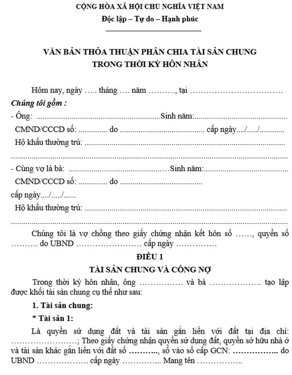 Văn bản thỏa thuận phân chia tài sản chung trong thời kỳ hôn nhân