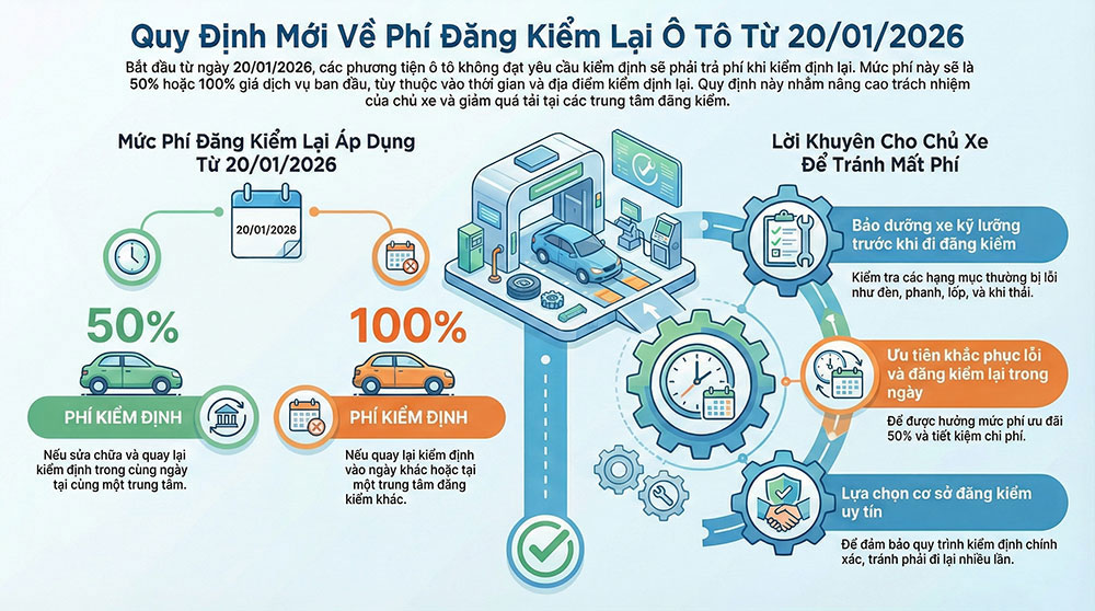 Ô tô trượt đăng kiểm từ 20/1/2026: Phí kiểm định lại tăng mạnh, chủ xe cần lưu ý gì?