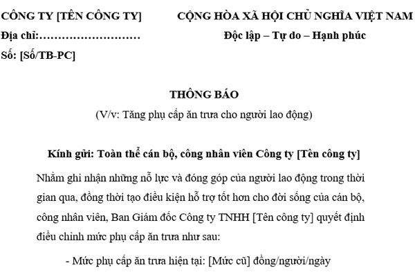 Phụ cấp ăn trưa có phải tính vào lương đóng BHXH không? Mẫu thông báo tăng phụ cấp ăn trưa cho NLĐ