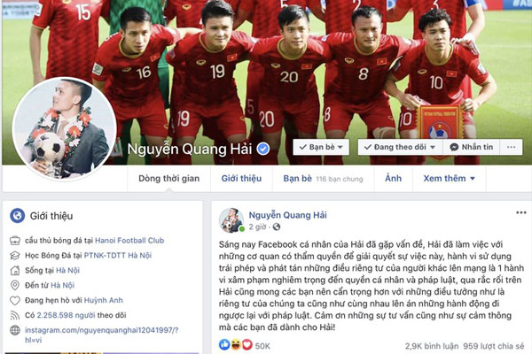 Facebook của Quang Hải bị hacker chiếm được và đăng tải nội dung xấu vào lúc 7 giờ sáng 23/06