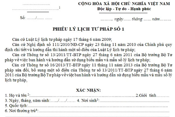 Thủ tục yêu cầu phiếu lý lịch tư pháp số 1