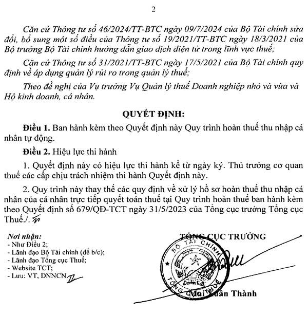 Quyết định 108/QĐ-TCT về quy trình hoàn thuế thu nhập cá nhân tự động