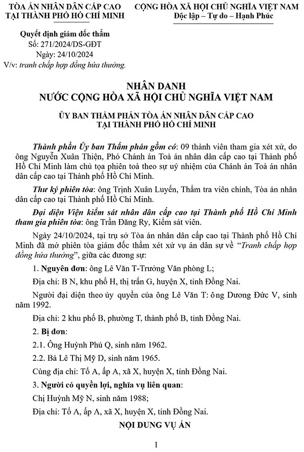 Quyết định Giám đốc thẩm số 271/2024/DS-GĐT ngày 24/10/2024 của TAND cấp cao tại TP. Hồ Chí Minh