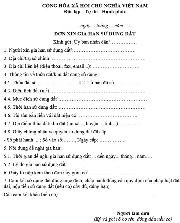 Mẫu đơn xin gia hạn sử dụng đất tại Phụ lục Nghị định 102/2024/NĐ-CP