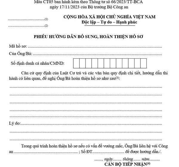 Tải Phiếu hướng dẫn bổ sung, hoàn thiện hồ sơ Mẫu CT05