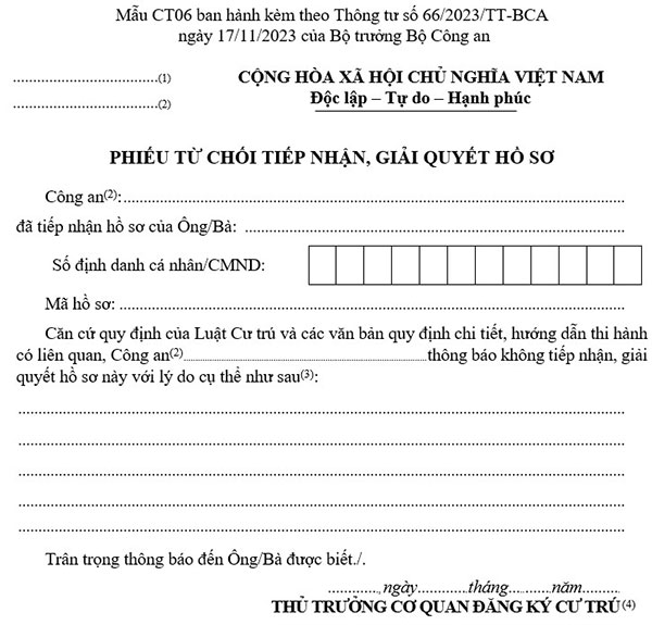 Tải phiếu từ chối tiếp nhận, giải quyết hồ sơ Mẫu CT06