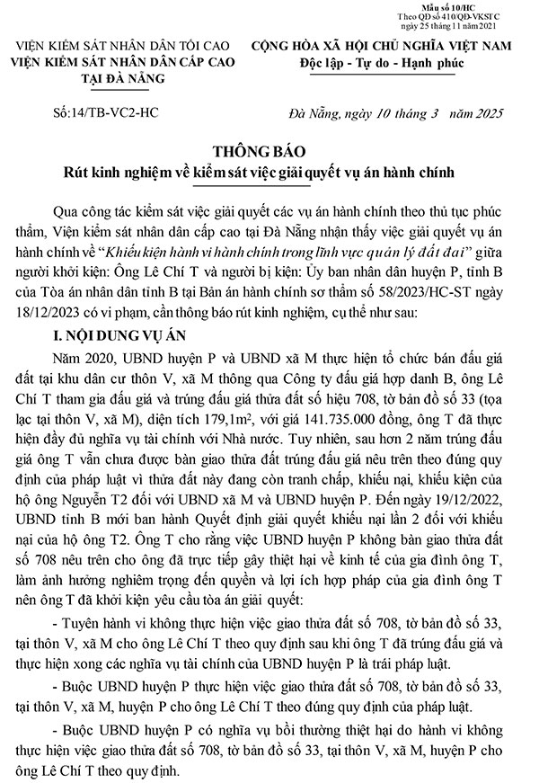 Thông báo rút kinh nghiệm vụ án hành chính Lê Chí T.