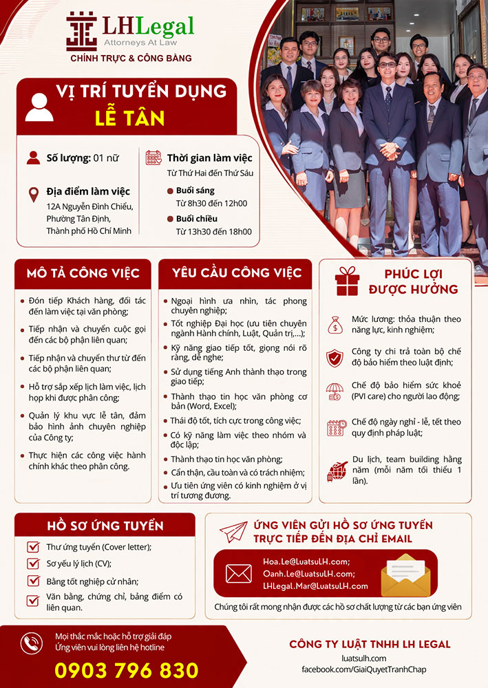 LH Legal tuyển dụng Lễ tân hành chính tại văn phòng TP. Hồ Chí Minh