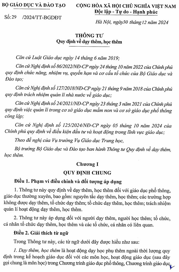 Thông tư 29/2024/TT-BGDĐT về dạy thêm, học thêm