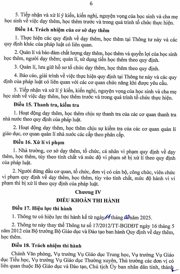 Thông tư 29/2024/TT-BGDĐT về dạy thêm, học thêm