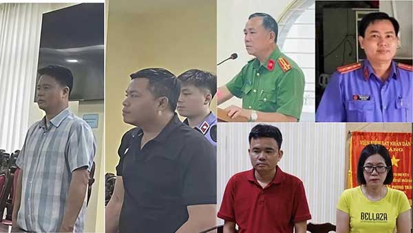 Thứ tự từ trái qua, từ trên xuống dưới: bị can Lê Quốc Việt, Nguyễn Quốc Khanh, Nguyễn Hoàng Văn, Huỳnh Minh Trung, Lê Phong Cảnh, Phan Thị Trúc Ly
