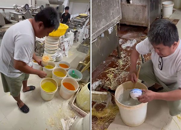 Các nhân công làm việc không có đồ bảo hộ cá nhân, chân giẫm lên sợi mì