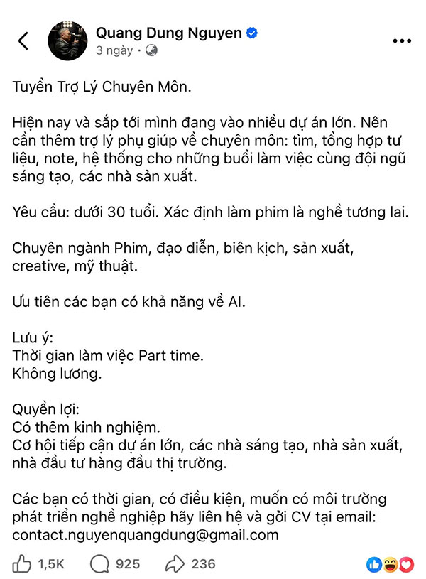 Vụ tuyển trợ lý không lương của đạo diễn Quang Dũng dưới góc độ pháp luật lao động