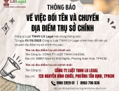 Thông báo đổi tên và chuyển trụ sở chính Công ty Luật TNHH LH Legal